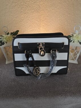 Striped Black and White Structured Satchel with Gold Accent